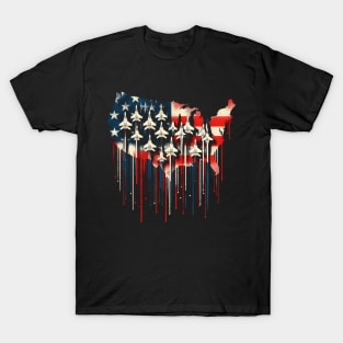 Fighter Jet Airplane American Flag USA Map 4th Of July T-Shirt